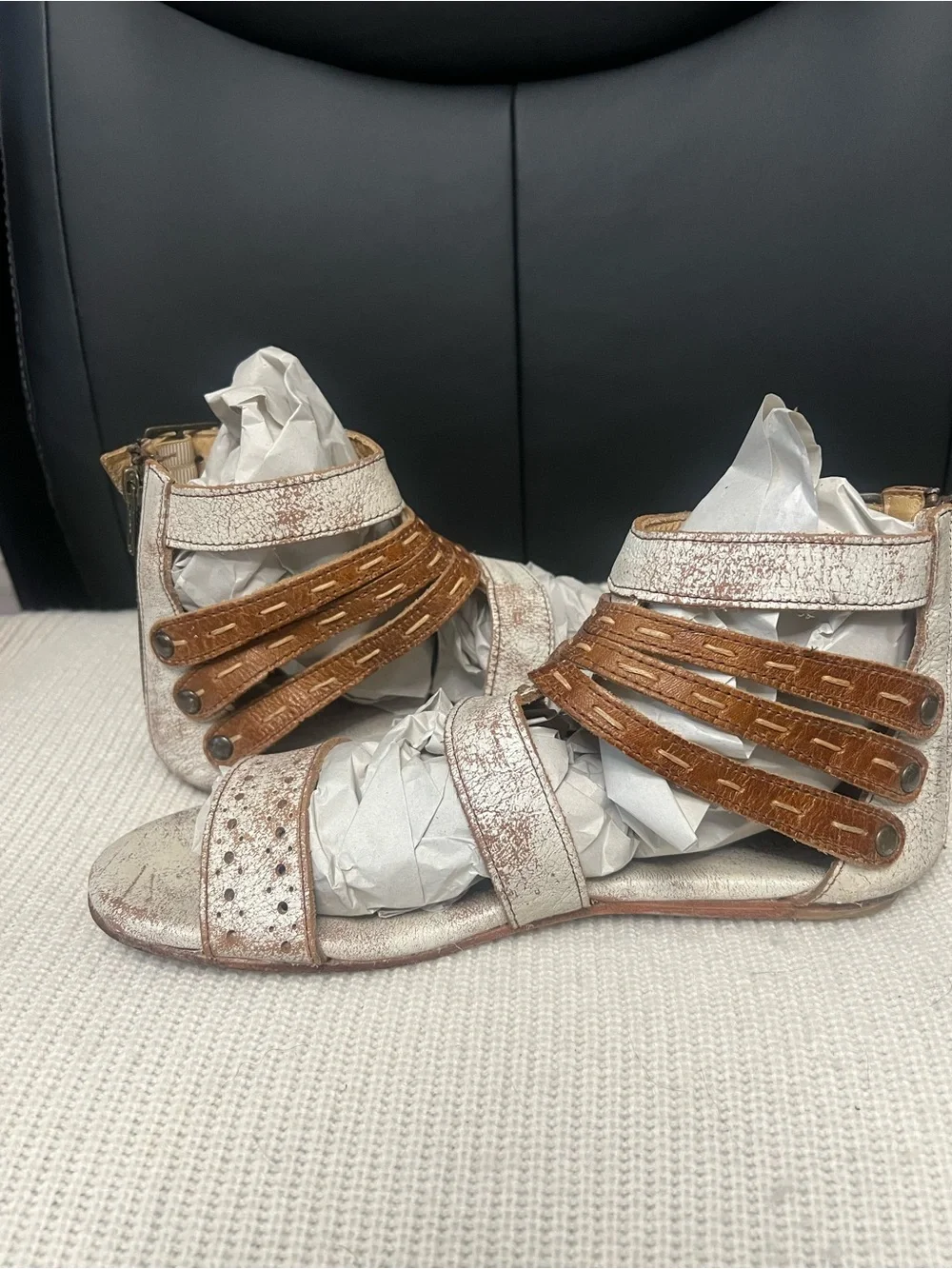 Bed Stu Artemis Distressed Metallic White and Brown Strappy Women’s Sandals